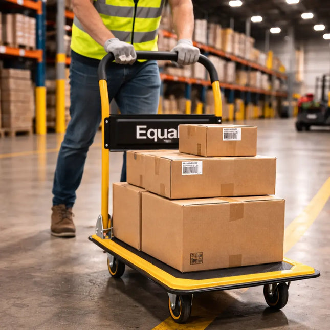 Equal 150kg platform trolley moving cardboard boxes in warehouse environment