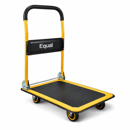 Equal 150kg foldable platform trolley with steel deck and 4 inch caster wheels in yellow