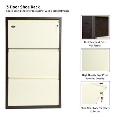 Equal 3-Door Wall Mounted Metal Shoe Rack – Lock & Key | 9–12 Pairs