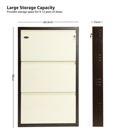 Equal 3-Door Wall Mounted Metal Shoe Rack – Lock & Key | 9–12 Pairs