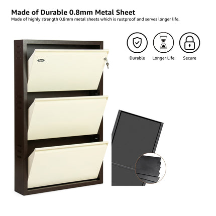 Equal 3-Door Wall Mounted Metal Shoe Rack – Lock & Key | 9–12 Pairs