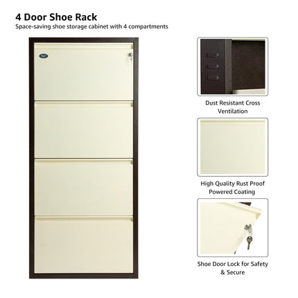 Equal 4-Door Wall Mounted Metal Shoe Rack – Lock & Key | 12–15 Pairs