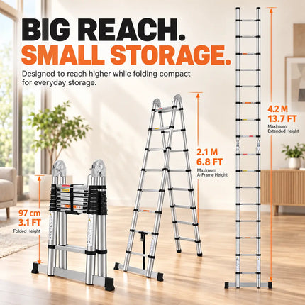 Equal 14 FT Stainless Steel A-Type Telescopic Ladder – 150kg EN131