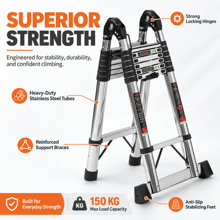 Equal 14 FT Stainless Steel A-Type Telescopic Ladder – 150kg EN131