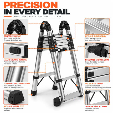 Equal 14 FT Stainless Steel A-Type Telescopic Ladder – 150kg EN131