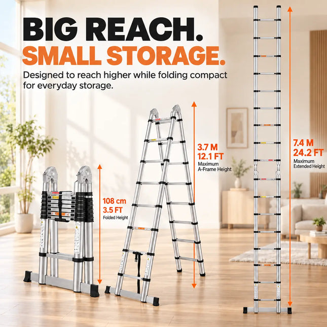 Equal 24.5 FT Stainless Steel A-Type Telescopic Ladder – 150kg EN131