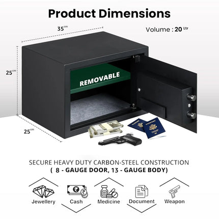 Equal SecureX Digital 20L Safe Locker Black dimensions and size chart – compact safe locker measurements