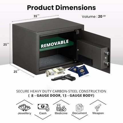 Equal SecureX 20L Digital Safe Locker Grey dimensions and size chart – compact safe locker measurements