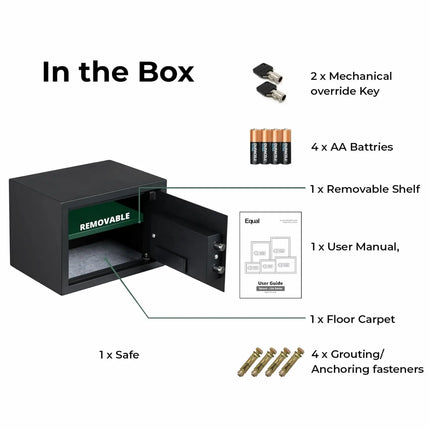 Equal SecureX Digital Safe Locker box contents – locker, keys, mounting hardware and accessories