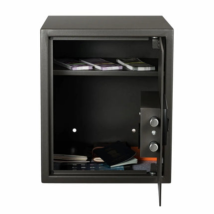 Equal SecureX 48L Digital Safe Locker Grey open view with cash and documents – home and office safe