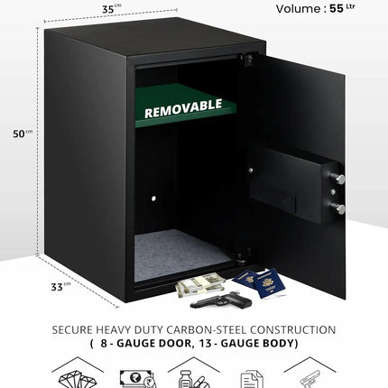 Equal SecureX 55L Digital Safe Locker Black dimensions and size chart – compact safe locker measurements

