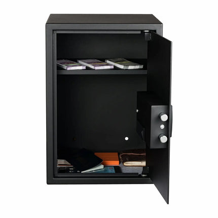 Equal SecureX 55L Digital Safe Locker Black open view with cash and documents – home and office safe