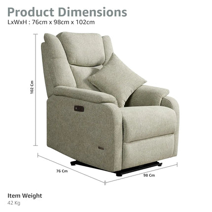 Equal DrapeLux 1 Seater Motorized Recliner Sofa - Light Green Fabric, Extra Back Support, Eucalyptus Wood Frame, 5-Year Warranty