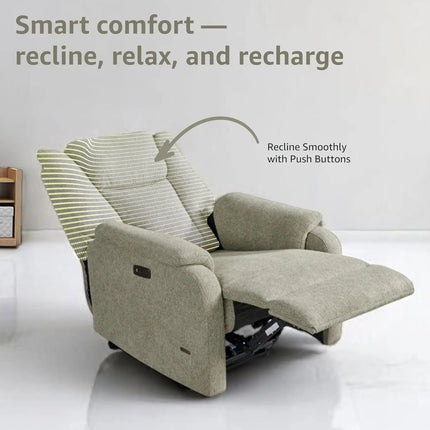 Equal DrapeLux 1 Seater Motorized Recliner Sofa - Light Green Fabric, Extra Back Support, Eucalyptus Wood Frame, 5-Year Warranty