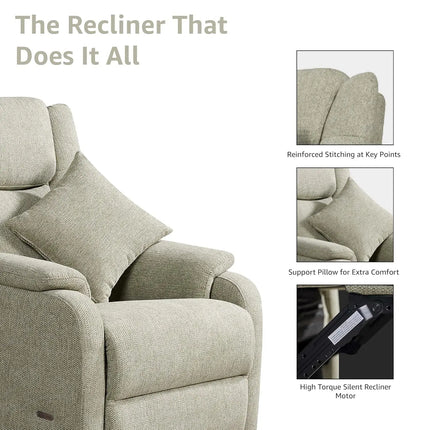 Equal DrapeLux 1 Seater Motorized Recliner Sofa - Light Green Fabric, Extra Back Support, Eucalyptus Wood Frame, 5-Year Warranty