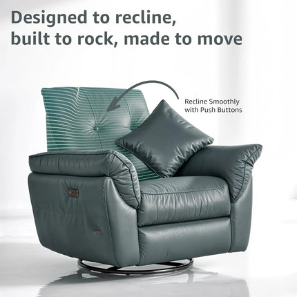 Equal Stella Luxe 1 Seater Motorized Recliner Chair - Blackish Grey Leatherette, 3-in-1 Reclining Rocking Revolving, Eucalyptus Wood Frame, 5-Year Warranty