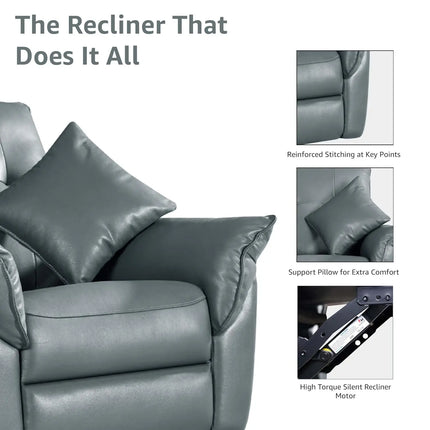 Equal Stella Luxe 1 Seater Motorized Recliner Chair - Blackish Grey Leatherette, 3-in-1 Reclining Rocking Revolving, Eucalyptus Wood Frame, 5-Year Warranty