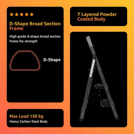 Equal Carbon-Series 3-Step Ladder – D-Shape frame, 150kg capacity, 7-layer powder coated steel