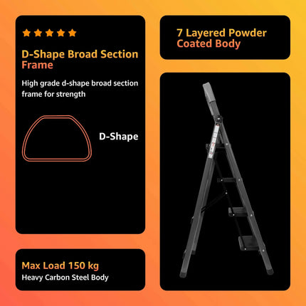 Equal Carbon-Series 4-Step Ladder – D-Shape frame, 150kg capacity, 7-layer powder coated steel