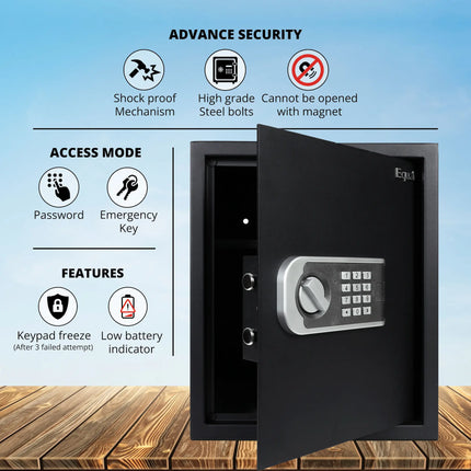 Equal SecureLite Pro 48L Black Digital Safe Locker – keypad lock, emergency key, keypad freeze