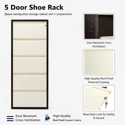 Equal 5-Door Shoe Rack Features – Cross Ventilation, Rust-Proof Powder Coating, Safety Door Lock
