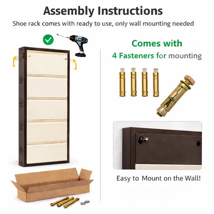 Equal 5-Door Metal Shoe Rack Wall Mounting Instructions – Comes Ready to Use with 4 Fasteners