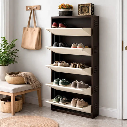Equal 5-Door Metal Shoe Rack with Flip-Down Doors Open – Styled in Home Entrance with Shoes