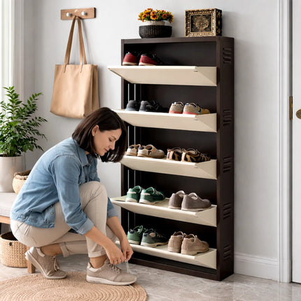 Woman Organising Shoes in Equal 5-Door Metal Shoe Rack at Home Entrance – Ivory and Brown