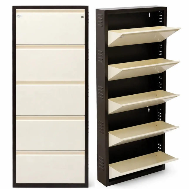 Equal 5-Door Metal Shoe Rack – Ivory and Brown, Closed and Open View with Flip Shelves