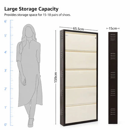 Equal 5-Door Metal Shoe Rack Dimensions – 159cm Height, 65.5cm Width, Stores 15–18 Pairs