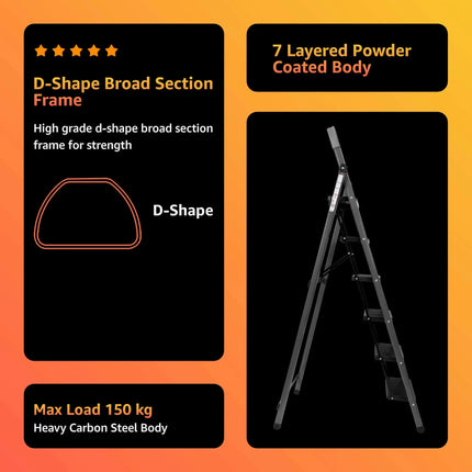 Equal Carbon-Series 6-Step Ladder – D-Shape frame, 150kg capacity, 7-layer powder coated steel