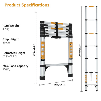 Equal 6.5 FT Aluminium Telescopic Ladder dimensions and specifications