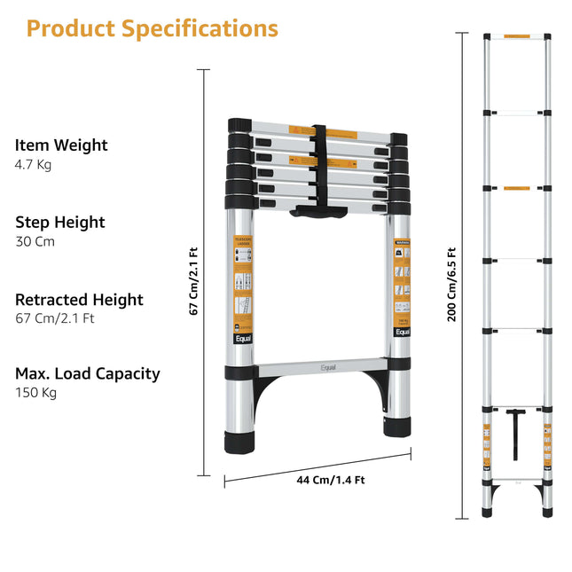 Equal 6.5 FT Aluminium Telescopic Ladder dimensions and specifications