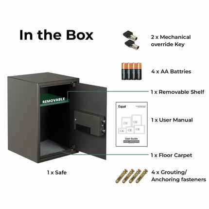 Equal SecureLite Pro Grey Digital Safe Locker box contents – keys, batteries, shelf, anchors