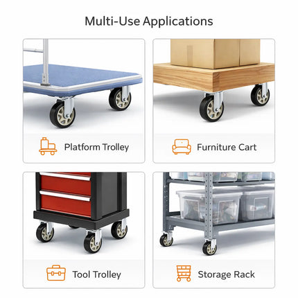 Four different types of trolleys with labels for equal platform trolley wheels, furniture cart wheels, tool trolley wheels, and storage rack wheels.