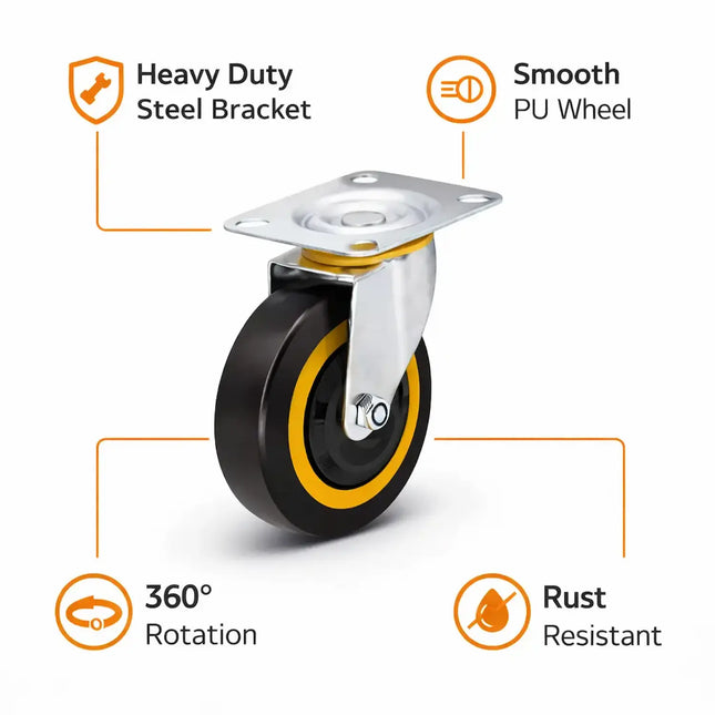 Close-up of polyurethane Equal caster wheel with galvanized steel bracket and precision bearings showing durable construction and smooth rolling design