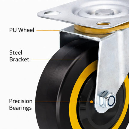 Equal Set of four heavy duty PU caster wheels with steel mounting brackets designed for platform trolley, furniture carts and industrial equipment