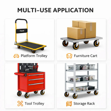Equal Caster wheels used on platform trolley, furniture cart, tool trolley and storage rack showing multi-purpose industrial wheel applications