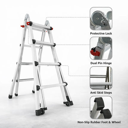 Equal Aluminium multipurpose ladder with enhanced stability features including large joints, anti-slip steps, and extended balance bar