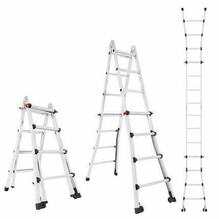 equal 3 in 1 13.5ft multipurpose aluminium ladder showing step ladder, A-frame ladder, and extension ladder configurations