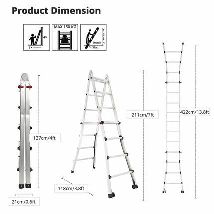 Equal 13.5ft Multipurpose aluminium ladder dimensions showing folded size, A-frame height and full extension height for home ladder use