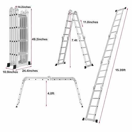 Equal 15ft Multipurpose ladder with dimensions displayed on a white background