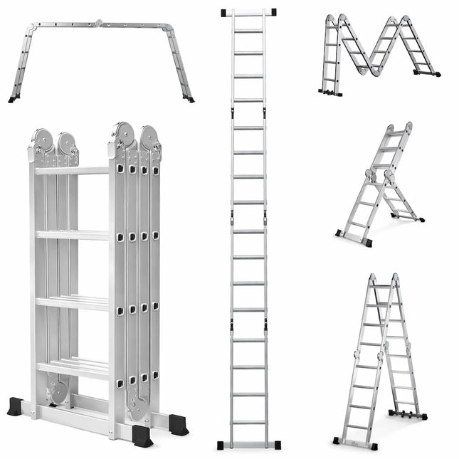 Collage of multiple views of equal 15ft multipurpose ladder on a white background