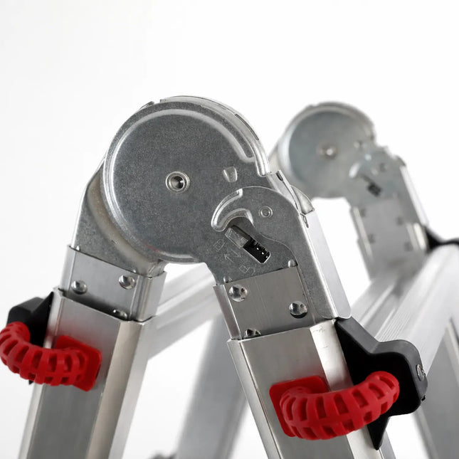 Close-up of equal aluminium ladder hinge mechanism with dual locking system and red safety lock handles