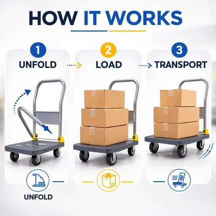 Equal platform trolley step by step usage guide showing unfold handle, load boxes and transport goods easily