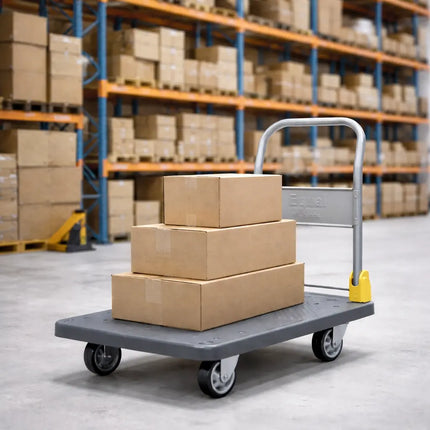 Equal platform trolley carrying stacked cardboard boxes in warehouse environment, heavy duty foldable trolley for logistics and warehouse transport