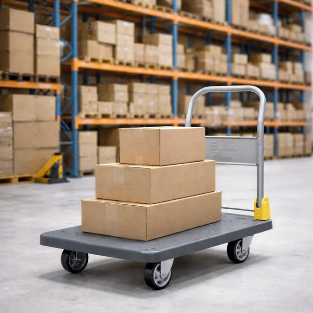 Equal platform trolley carrying stacked cardboard boxes in warehouse environment, heavy duty foldable trolley for logistics and warehouse transport