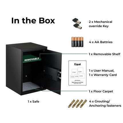Equal SecureLite Digital Safe Locker box contents – keys, batteries, shelf, anchors