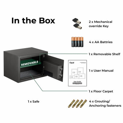 Equal SecureLite Pro Digital Safe Locker box contents – keys, batteries, shelf, anchors