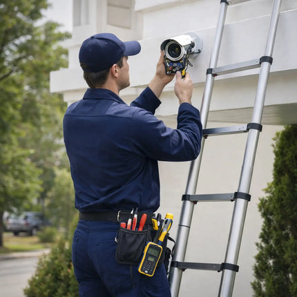 Equal telescopic ladder installing or repairing outdoor security camera equipment.
